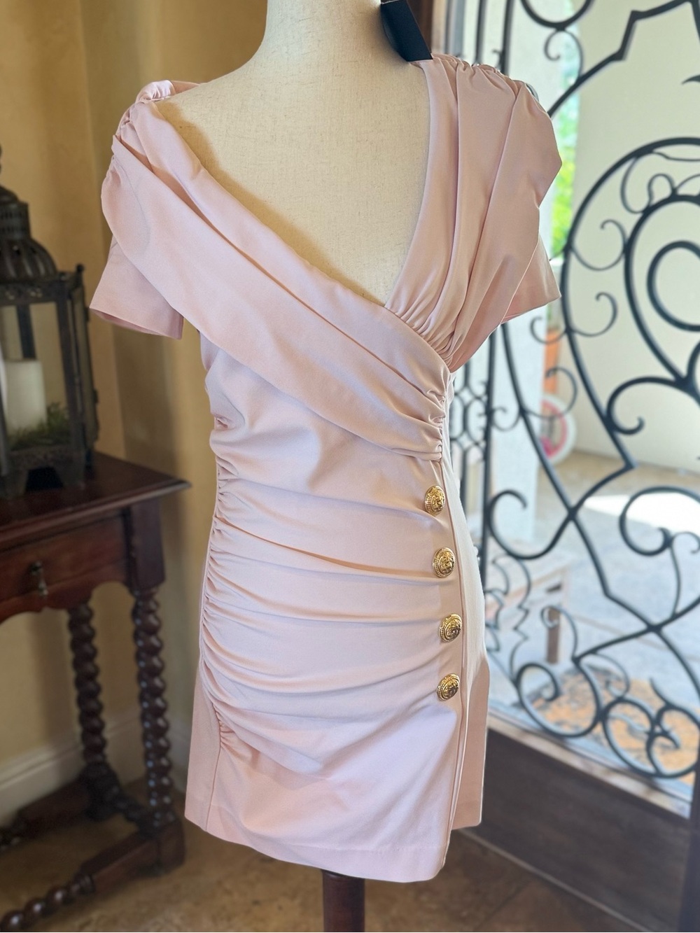 NWT Balmain Pink Ruched Gold Button Mini Dress Size